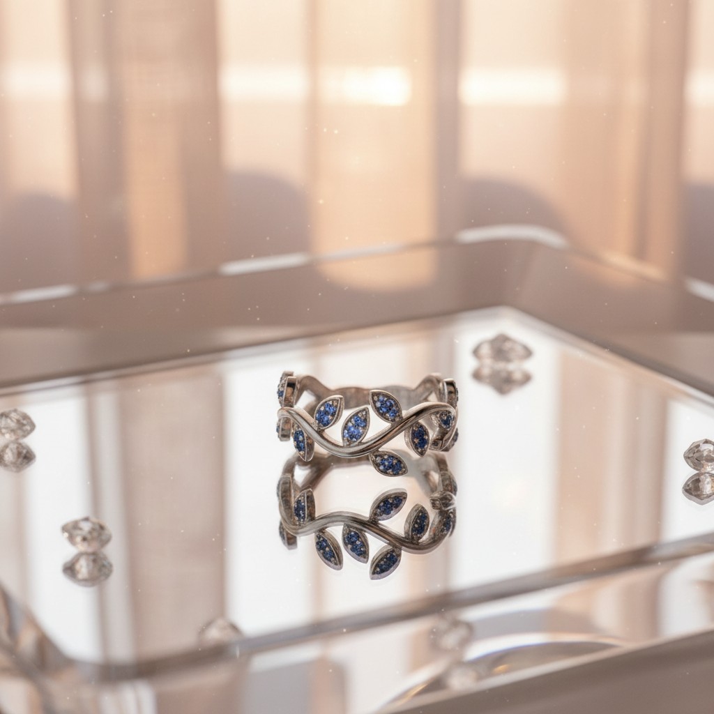 The image features a silver ring with blue gems displayed in a clear glass case. The rectangular case, likely made of glas...