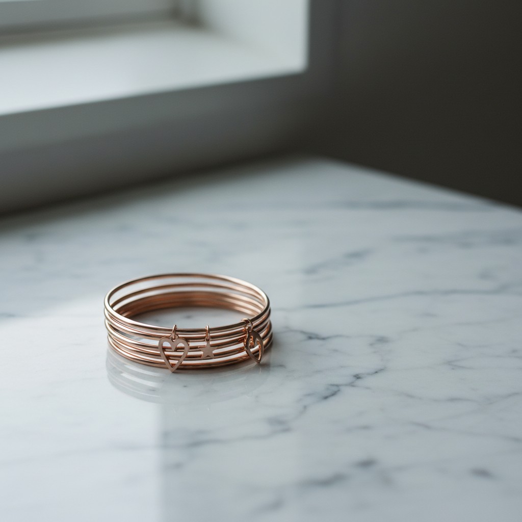 A gold bracelet with multiple charms sits atop a marble countertop in a room with a grey wall.