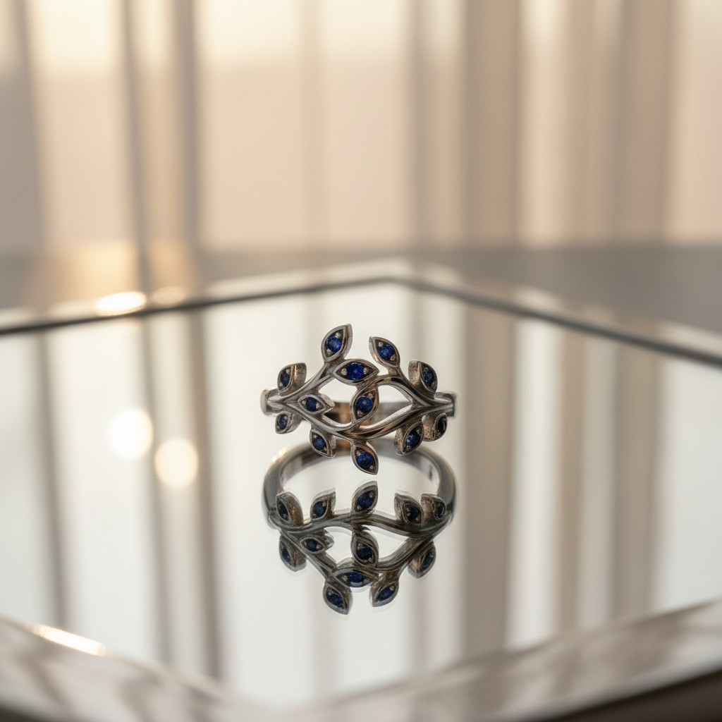 A silver or sterling silver ring with small blue or darker cyan-colored gemstones in a vine or branch design, resting on a...