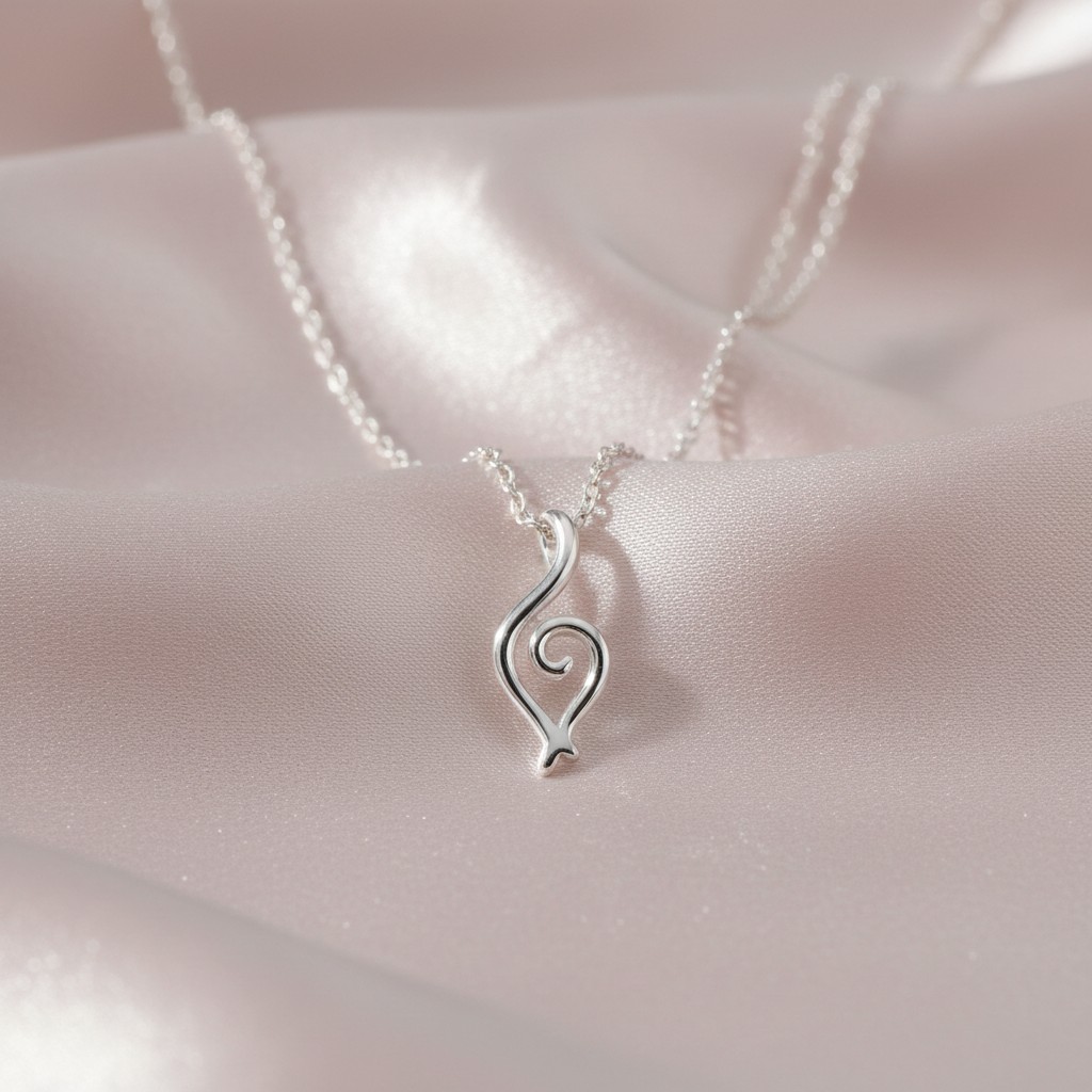A silver necklace with a pendant featuring a stylized letter "S" in a swirled, elegant design, cradled in fabric folds tha...