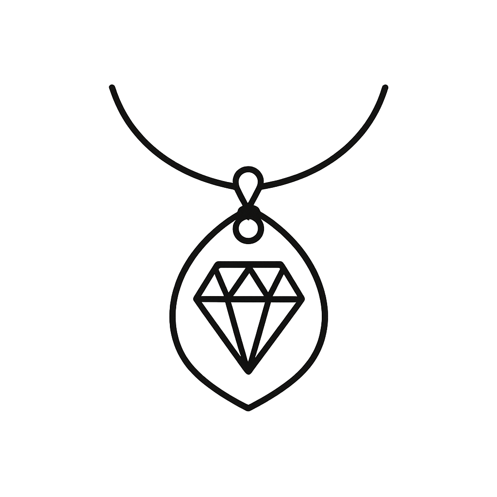 Black, water drop shaped outline encasing a black, diamond-shaped icon with straight lines forming multiple facets.